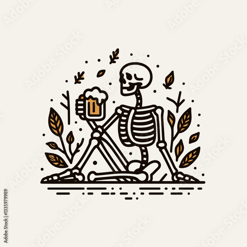 Skeleton sitting with a beer mug surrounded by autumn leaves flat design illustration vector graphic shows a spooky autumnal scene