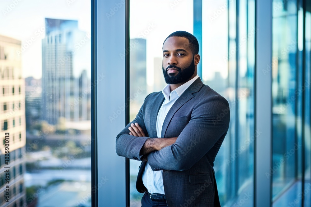Fototapeta premium Confident entrepreneur standing in modern office, overlooking city skyline