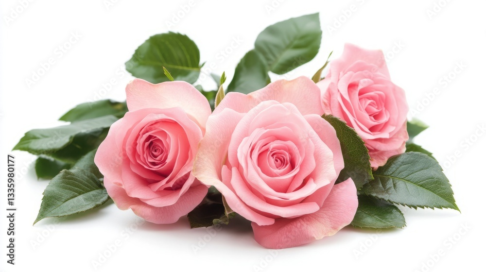 Fototapeta premium Pink roses with green leaves in watercolor style, symbolizing natural beauty and delicate elegance. 