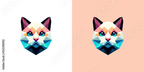 Geometric cat mascot logo design. Cat illustration in colorful low poly vector.