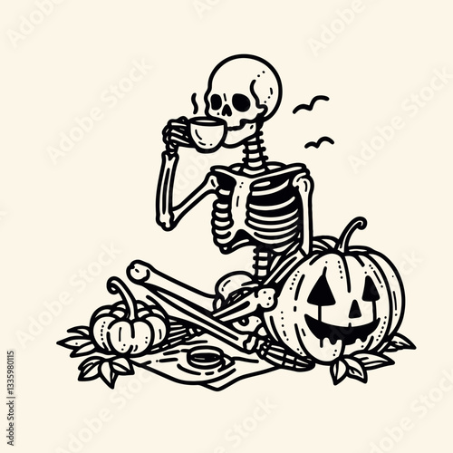 Skeleton sipping tea while sitting on a pumpkin patch flat design illustration vector graphic depicts a spooky autumn scene simple monochrome style.