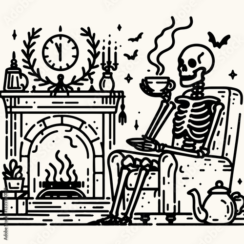Skeleton sipping tea in front of a spooky fireplace flat design illustration: create a minimalist monochrome vector graphic.