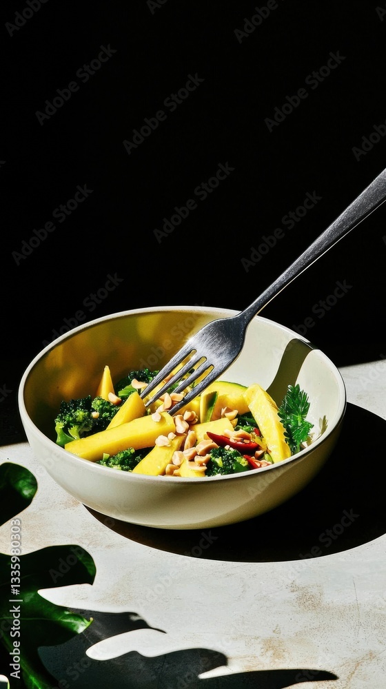 Twirling fork amidst vibrant Kerabu Mangga with mango, chilies, and peanuts on a traditional table Twirling fork amidst vibrant Kerabu Mangga with mango, chilies, and peanuts on a traditional table