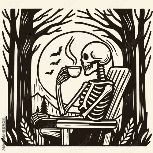 Skeleton sipping coffee in a haunted forest flat design illustration vector graphic shows a spooky yet calm scene.