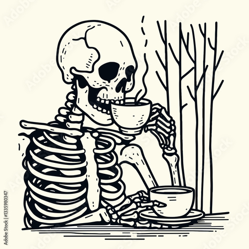 Skeleton sipping coffee in a haunted forest flat design illustration: create a simple monochrome vector graphic of this spooky scene.