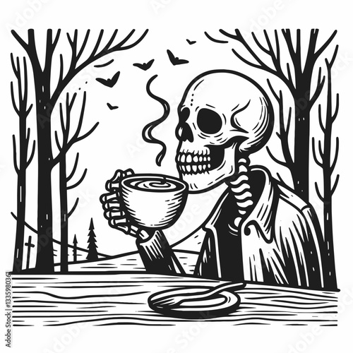 Skeleton sipping coffee in a haunted forest flat design illustration vector graphic of a spooky autumnal morning scene