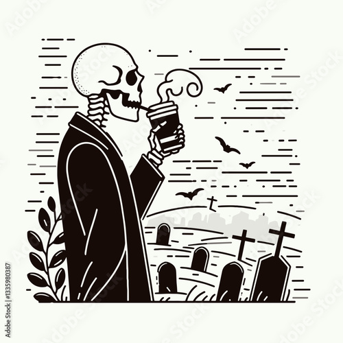 Skeleton sipping coffee in a foggy graveyard flat design illustration create a simple monochrome vector graphic