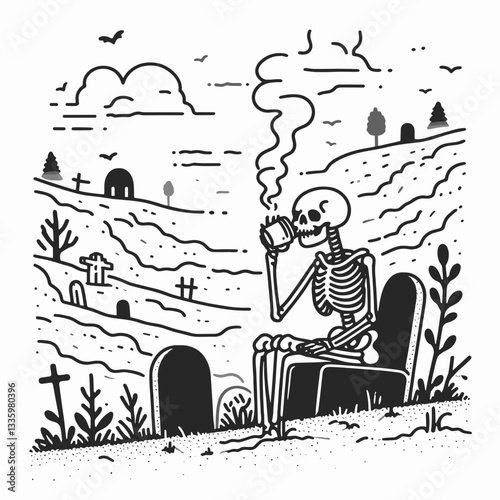 Skeleton sipping coffee in a foggy graveyard flat design illustration vector graphic a simple monochrome minimalist silhouette doodle depicts spooky autumnal vibes
