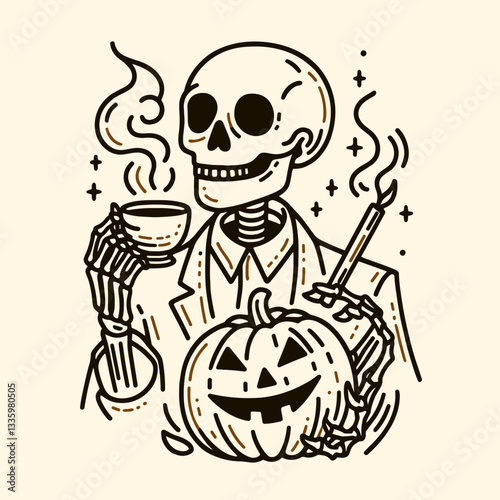 Skeleton holding a tea cup with glowing jack o lanterns flat design illustration vector graphic depicts a spooky autumnal scene
