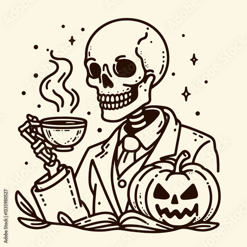 Skeleton holding a tea cup with glowing jack o lanterns flat design illustration vector graphic simple monochrome style depicts a spooky autumnal scene