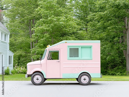 Vintage ice cream truck parked on a quiet street surrounded by lush greenery