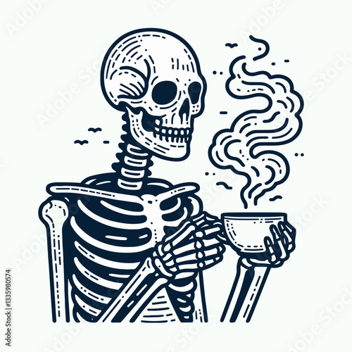 Skeleton holding a tea cup with foggy mist around flat design vector illustration depicts a spooky yet serene minimalist monochrome scene