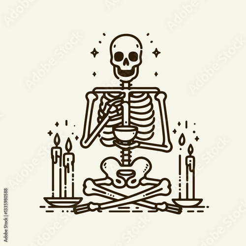 Skeleton holding a tea cup with floating candles flat design illustration vector graphic depicts a spooky yet serene minimalist monochrome doodle.