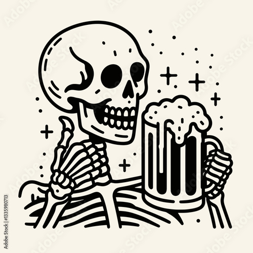 Skeleton holding a large beer mug with a spooky grin flat design illustration vector graphic of a jovial undead enjoying a spooky brew