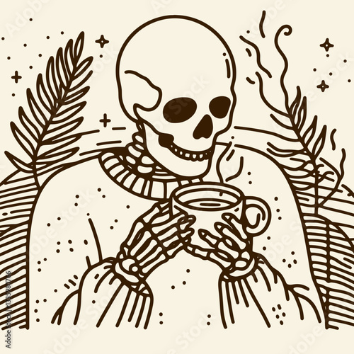 Skeleton holding a cup of tea with a cozy background flat design illustration vector graphic simple monochrome minimalist silhouette doodle depicts a spooky yet comforting autumn scene