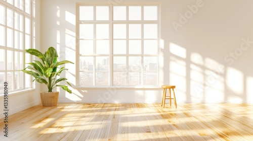 A bright and airy living room with a large window, wooden floor, and a potted plant.