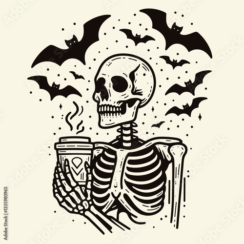 Skeleton holding a coffee cup with eerie bats flying around flat design illustration vector graphic simple monochrome minimalist silhouette doodle depicting a spooky cafe scene