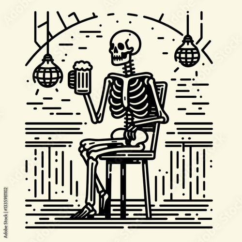 Skeleton holding a beer mug in a dimly lit pub flat design illustration vector graphic depicts a jovial skeletal patron enjoying a pint
