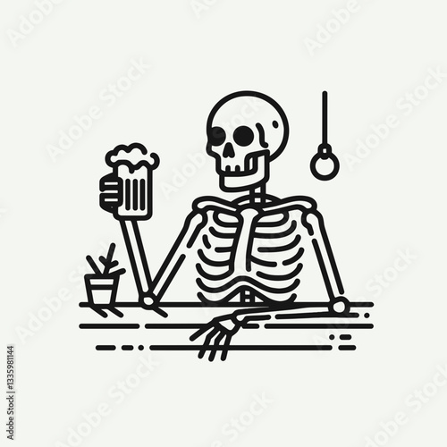Skeleton holding a beer in a Halloween themed pub flat design illustration vector graphic simple monochrome minimalist style showing spooky festive cheer
