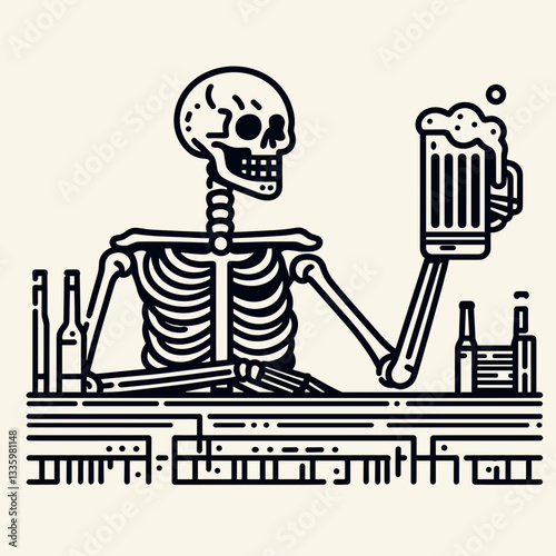 Skeleton holding a beer in a Halloween themed pub flat design illustration vector graphic simple monochrome style shows spooky festive fun