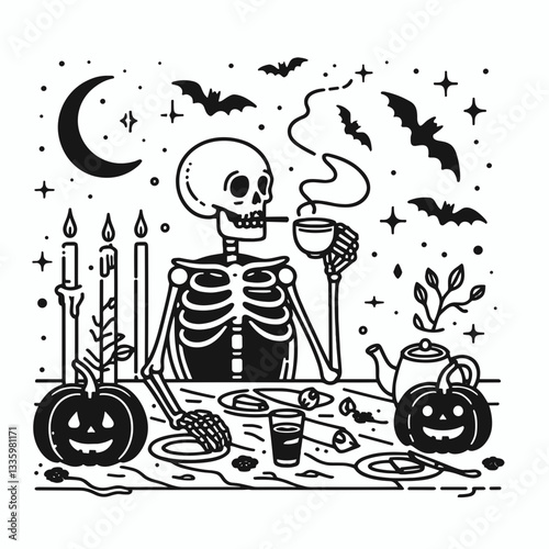 Skeleton enjoying tea with pumpkins and creepy decorations flat design illustration vector graphic showing a spooky autumn scene