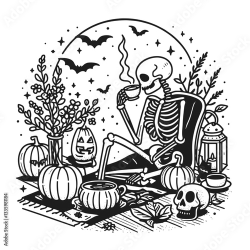 Skeleton enjoying tea with pumpkins and creepy decorations flat design illustration vector graphic simple autumn scene monochrome style