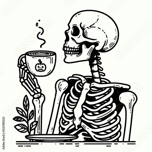 Skeleton enjoying a latte with Halloween decorations flat design illustration vector graphic of a spooky autumn cafe scene