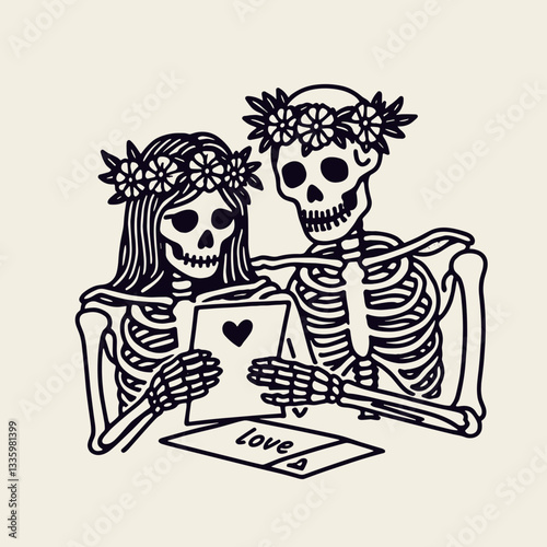 Skeleton couple wear flower crown writing love letters a minimalist vector graphic depicting eternal affection