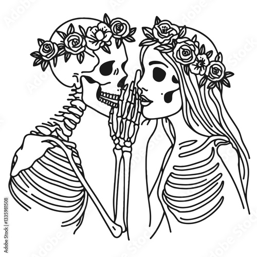 Skeleton couple wear flower crown whispering secrets a minimalist monochrome vector drawing of clandestine love