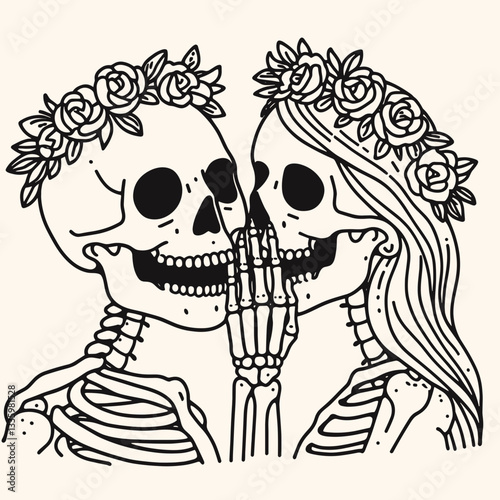 Skeleton couple wear flower crown whispering secrets minimalist vector graphic of ghostly lovers sharing a hushed moment.