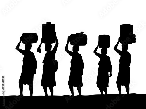 Silhouettes of people carrying water containers on their heads, highlighting the global struggle for clean water access