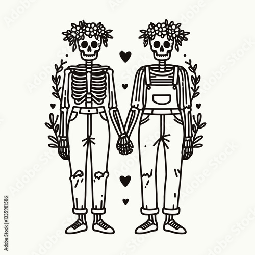 Skeleton couple wear flower crown wearing matching outfits minimalist vector graphic a whimsical autumnal love story