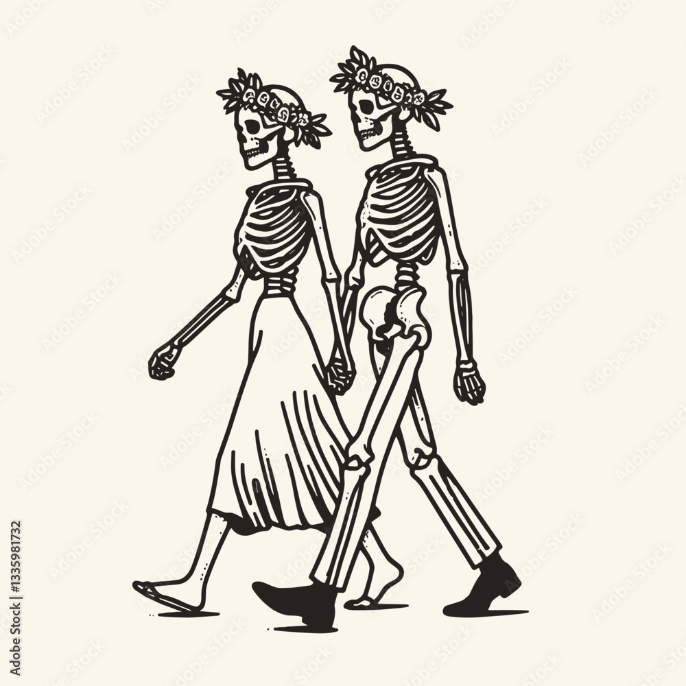 Skeleton couple wear flower crown walking together a minimalist graphic silhouette of love in the afterlife Skeleton couple wear flower crown walking together a minimalist graphic silhouette of love in the afterlife