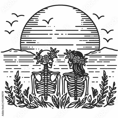 Skeleton couple wear flower crown watching a sunset; create a minimalist vector illustration of this bone-chillingly romantic scene.