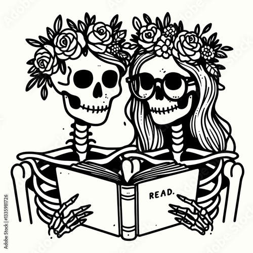 Skeleton couple wear flower crown wear glasses reading a spooky love story minimalist vector drawing