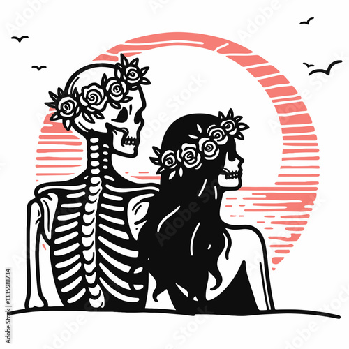 Skeleton couple wear flower crown watching a sunset minimalist vector graphic depicting love's enduring essence