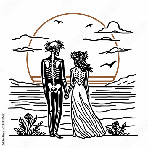 Skeleton couple wear flower crown watching sunset minimalist vector graphic, a serene afterlife romance.