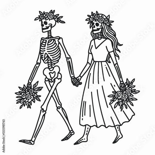 Skeleton couple wear flower crown walking together minimalist silhouette graphic depicting love's enduring nature
