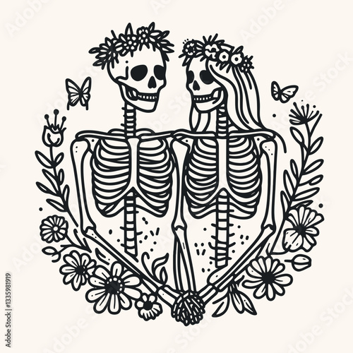 Skeleton couple wear flower crown Urban Exploration minimalist vector graphic exploring forgotten city ruins