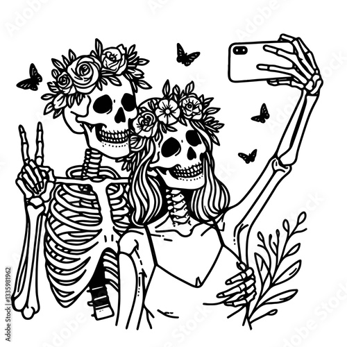 Skeleton couple wear flower crown taking care of a pet minimalist vector graphic shows their loving bond.