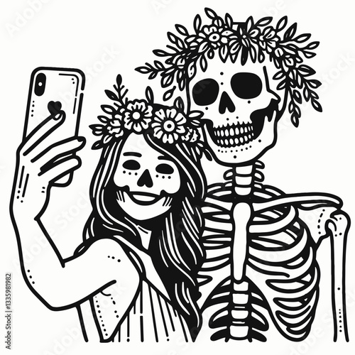 Skeleton couple wear flower crown taking a selfie minimalist vector graphic showing spooky love