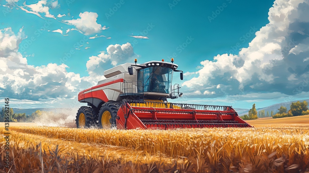 Obraz premium Combine harvester working on a wheat field during harvest season