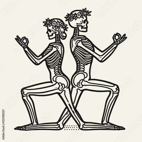Skeleton couple wear flower crown standing yoga poses minimalist vector graphic illustrating love and afterlife harmony