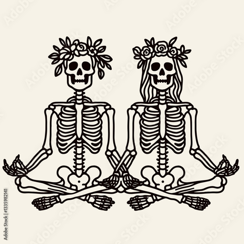 Skeleton couple wear flower crown sitting yoga poses minimalist monochrome vector graphic illustrating peaceful afterlife love.