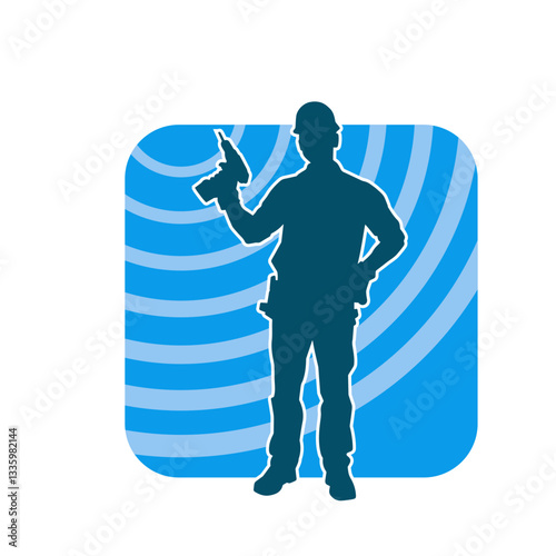 Silhouette of man in construction worker costume carrying drill power tool. Silhouette of construction worker male in action pose with power tool driller. 