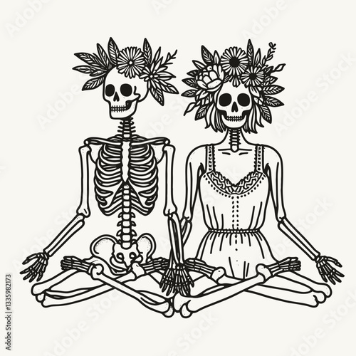 Skeleton couple wear flower crown sitting yoga poses minimalist vector graphic illustrating serene death and love