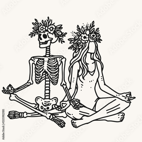 Skeleton couple wear flower crown sitting yoga poses minimalist vector graphic illustrating serene afterlife love.