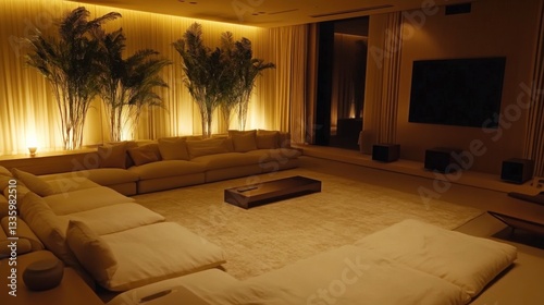 Obraz na płótnie Modern Living Room with Tall Plants and Soft Lighting w salonie