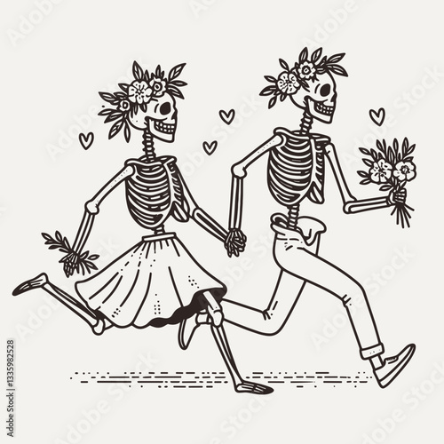 Skeleton couple wear flower crown running in a minimalist vector drawing across a meadow