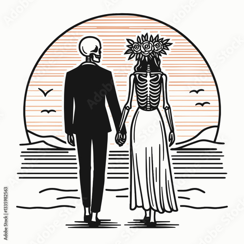 Skeleton couple wear flower crown romantic sunset stroll minimalist graphic depicting love's enduring embrace.